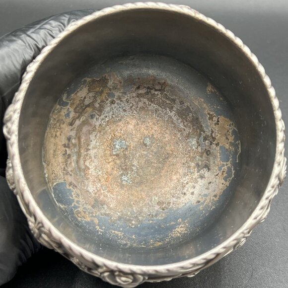 Vintage Pewter Trinket Dish Vase Intricate Trellis Climbing Rose Basket Weaved - Picture 8 of 9